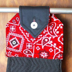 RED BANDANNA HAND TOWEL RED, BLACK & WHITE HANDMADE HANGING KITCHEN BLACK TOWELS